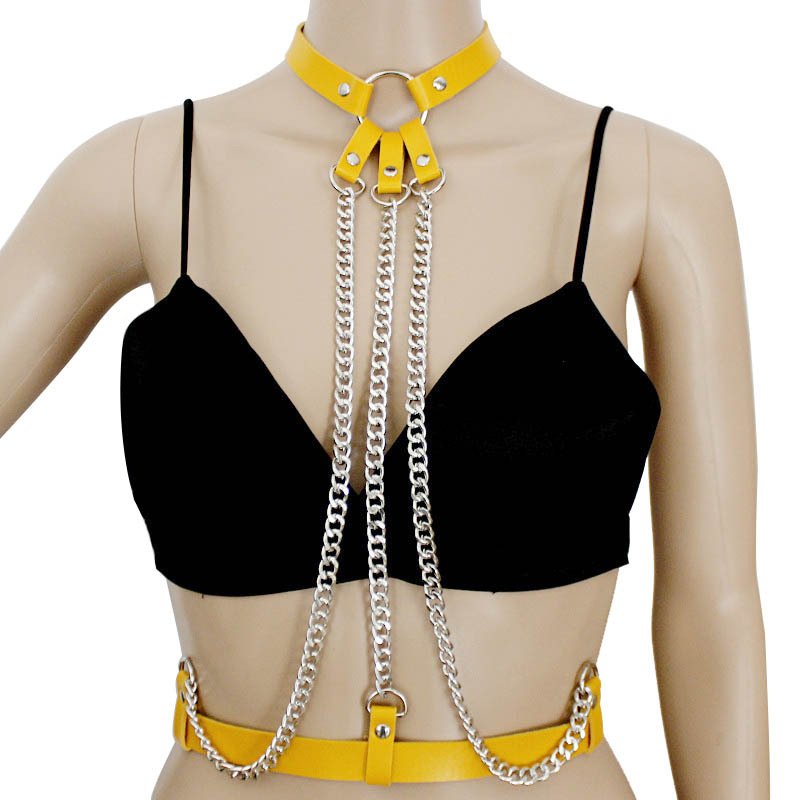 Fashion Sexy Punk Halter Neck Harness body waist chain nightclub tassel Faux Leather Erotic Bondage Corset Belt