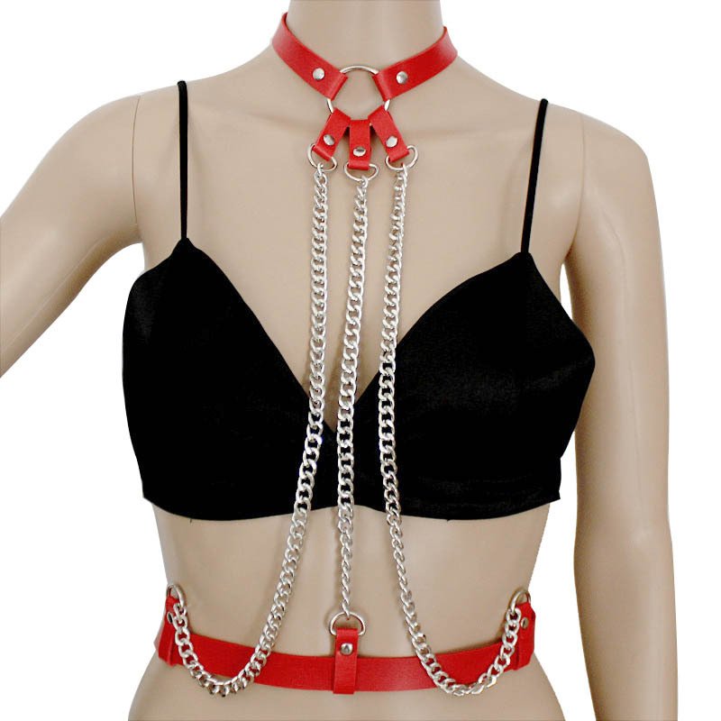 Fashion Sexy Punk Halter Neck Harness body waist chain nightclub tassel Faux Leather Erotic Bondage Corset Belt