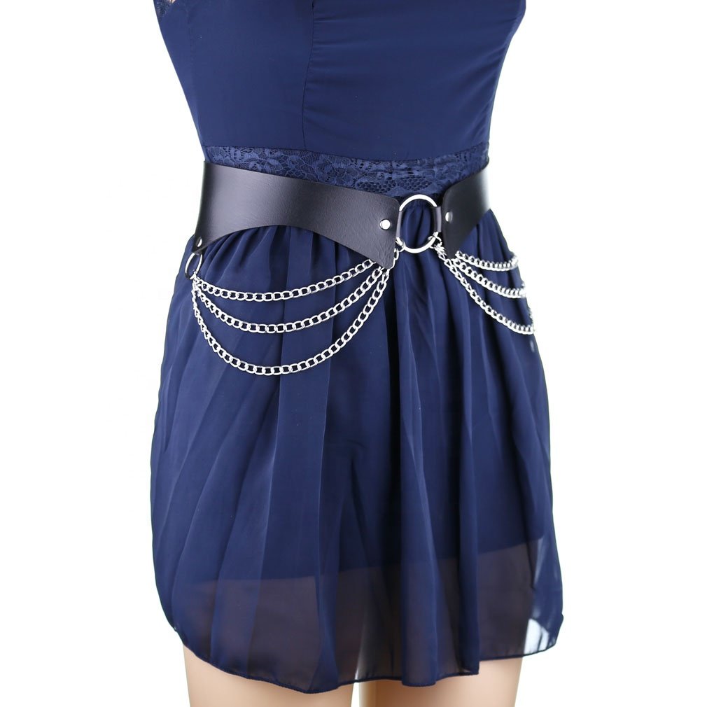 Rock Metal Chain Leather Skirt Belt O Ring Belt Personalized Punk Decorative Pants Belt