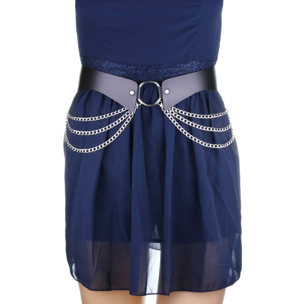 Rock Metal Chain Leather Skirt Belt O Ring Belt Personalized Punk Decorative Pants Belt
