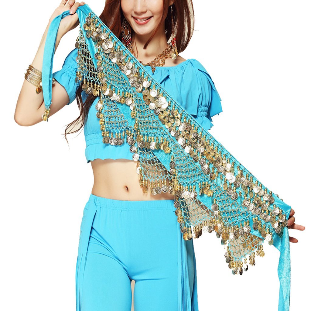 Belly Dance Hip Scarf Waist Chain Dance Hip Scarf Belt with Dangling Coins for Belly Dancer 12 Colors Adult for Women