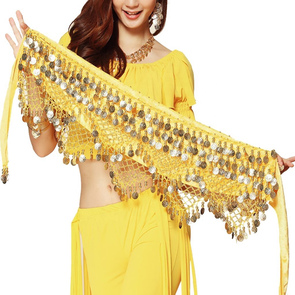 Belly Dance Hip Scarf Waist Chain Dance Hip Scarf Belt with Dangling Coins for Belly Dancer 12 Colors Adult for Women