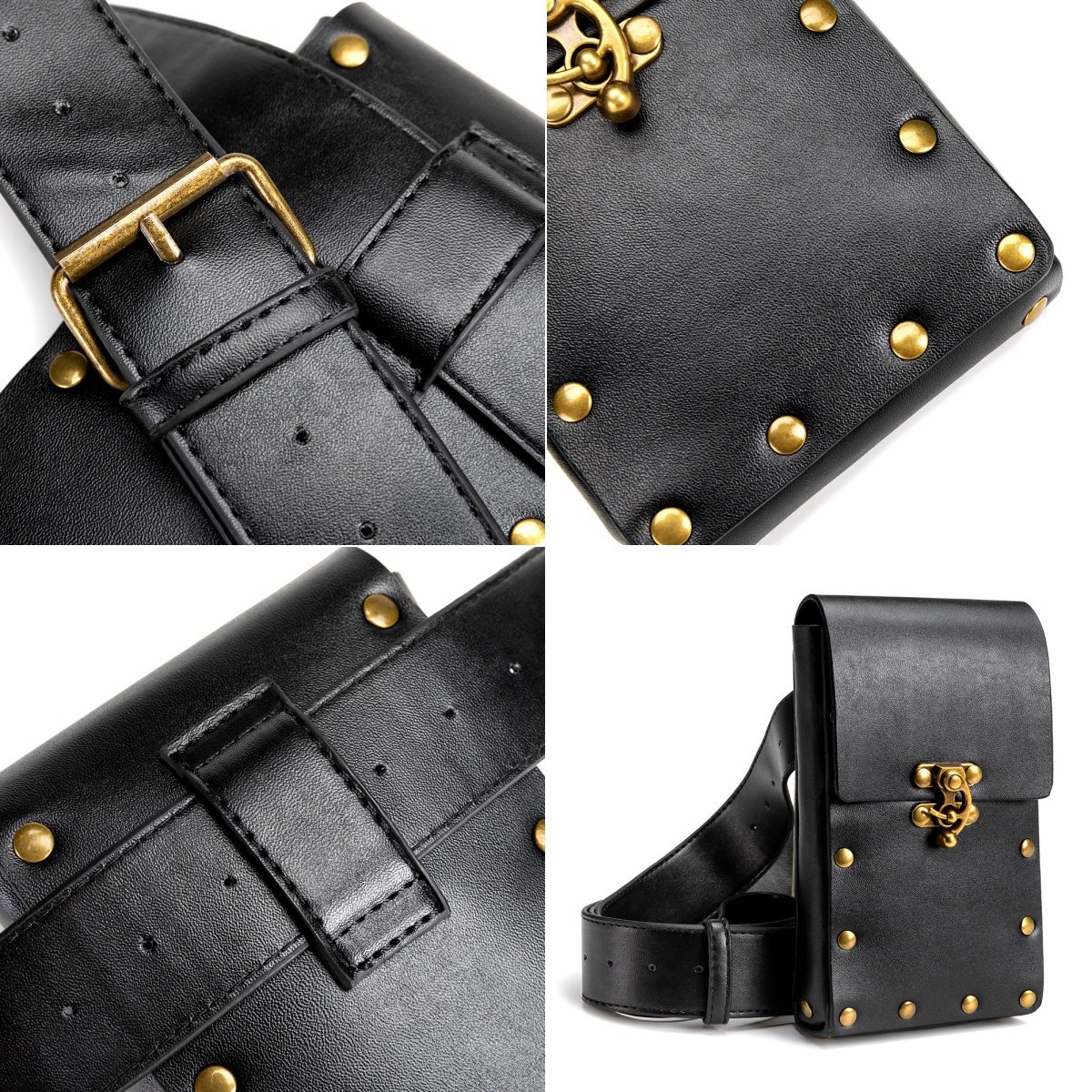 Rewin Medieval Renaissance Faire Black Purse Costume Accessories Womens Fanny Pack Cellphone Holder Steampunk Fashion Waist Bag