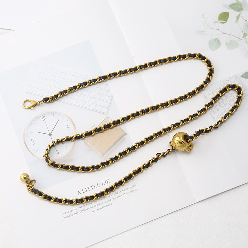 Waist Chain Metal Weave Belt Bead Flower Pendant Waistband Dress Sweater Woolen Coat Decorative Adjustable Belt