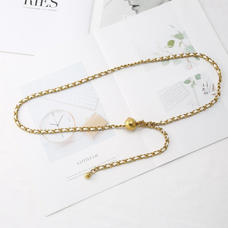 Waist Chain Metal Weave Belt Bead Flower Pendant Waistband Dress Sweater Woolen Coat Decorative Adjustable Belt