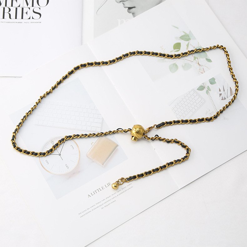 Waist Chain Metal Weave Belt Bead Flower Pendant Waistband Dress Sweater Woolen Coat Decorative Adjustable Belt