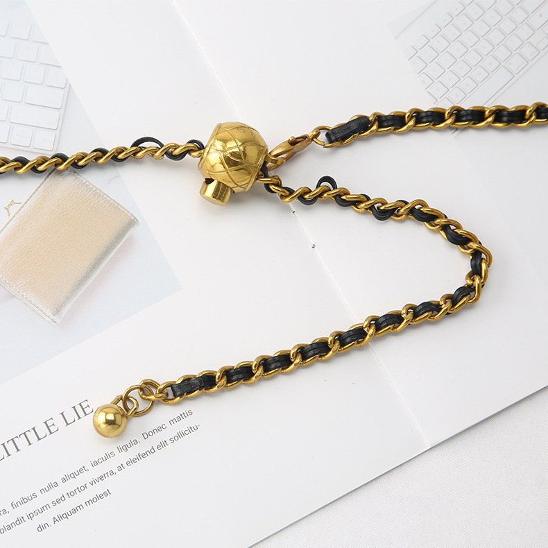 Waist Chain Metal Weave Belt Bead Flower Pendant Waistband Dress Sweater Woolen Coat Decorative Adjustable Belt
