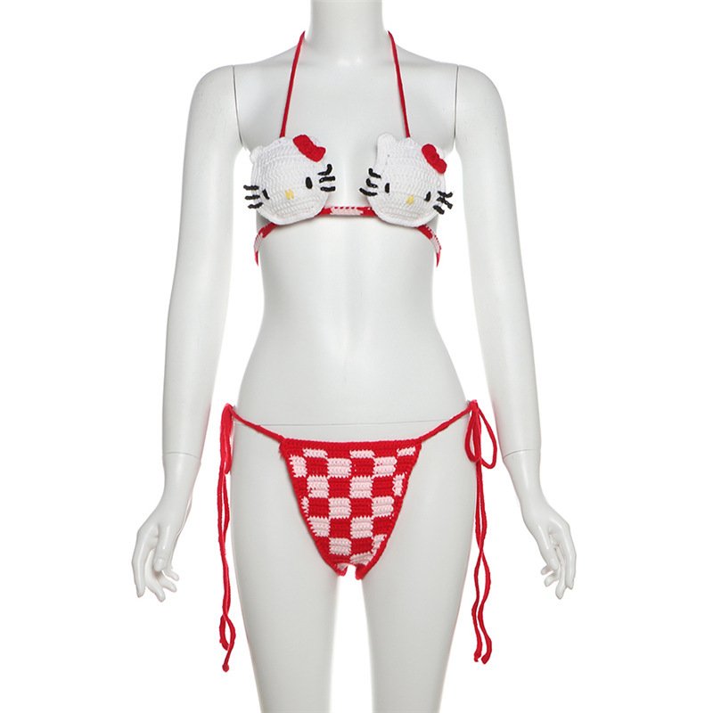 STOCK Pretty NO PAD Mini Bikini Set Ties Details Handmade Crochet Swimwear Women