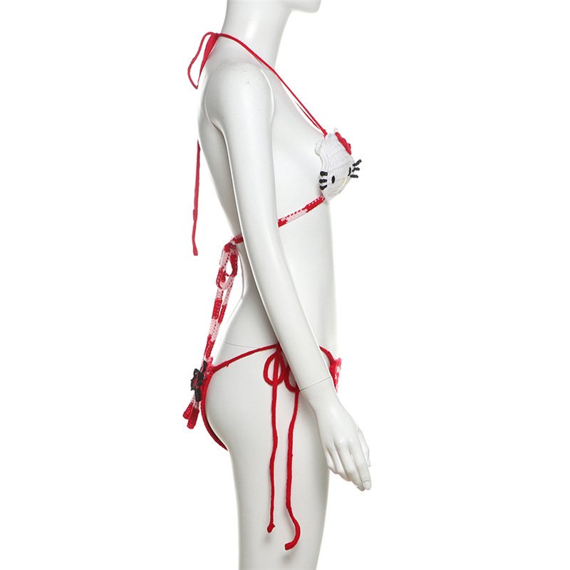 STOCK Pretty NO PAD Mini Bikini Set Ties Details Handmade Crochet Swimwear Women