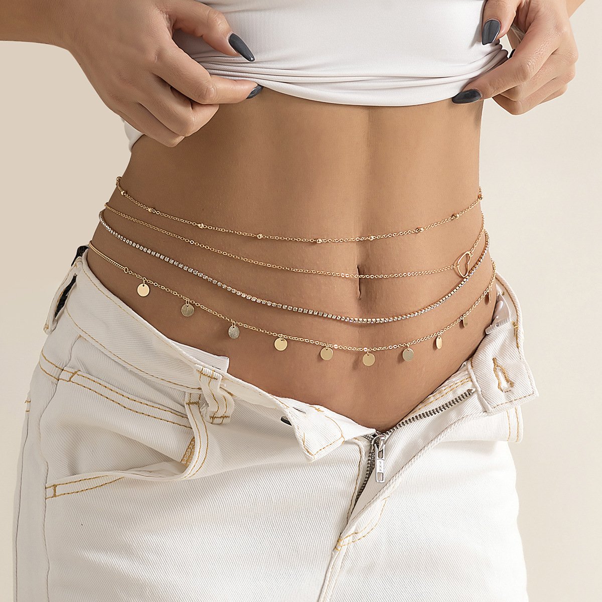 2024 Fashion sexy multi-layer fringe sequin metal chain waist chain street photo hipster beach rhinestone love thin body chain