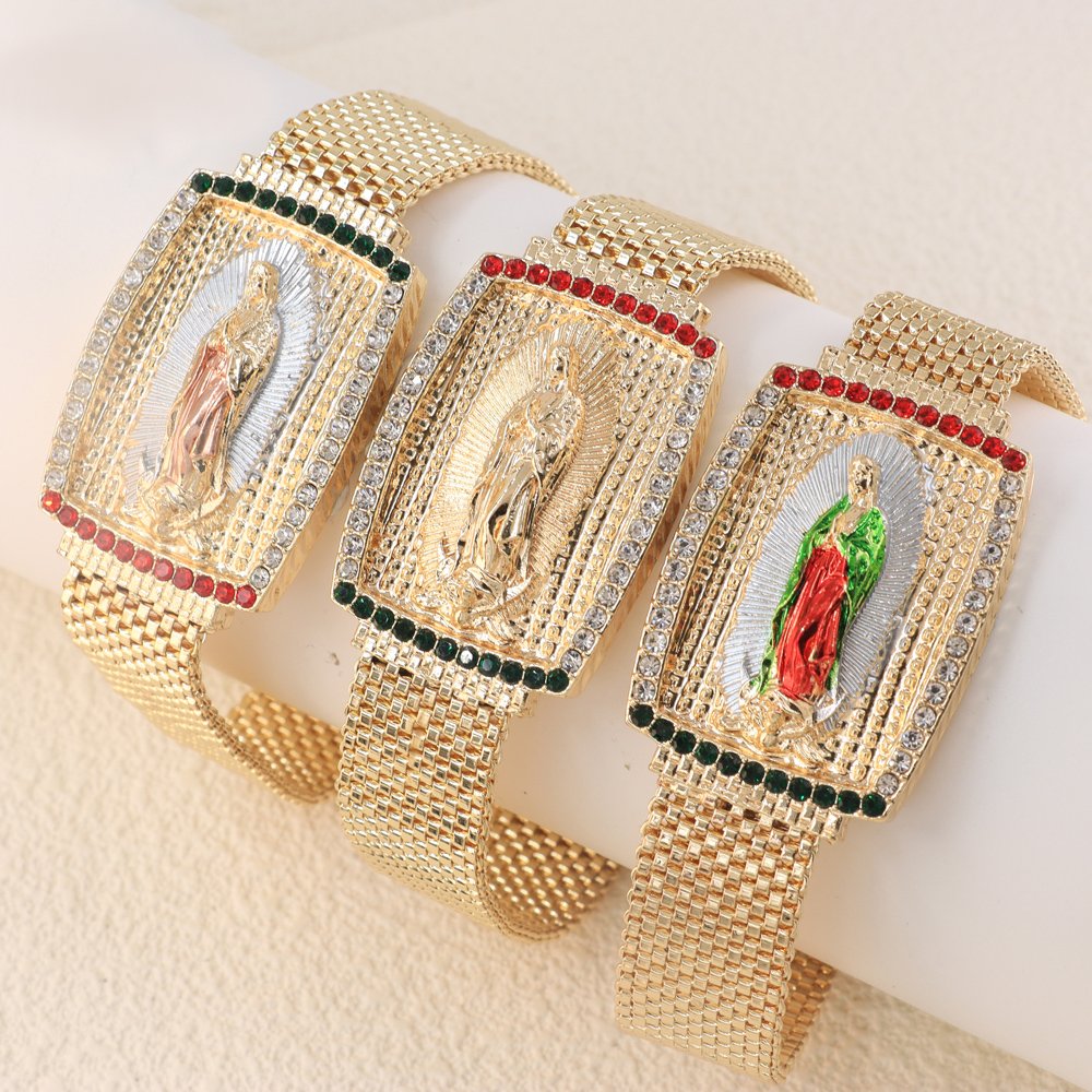 Trendy Luxury Women Men Belt Bracelet Gold Plated Virgin Mary Zirconia Diamond Mesh Buckle Belt Chain Bracelet Bangles