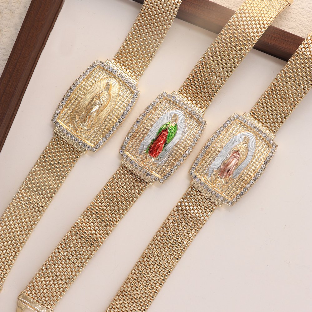 Trendy Luxury Women Men Belt Bracelet Gold Plated Virgin Mary Zirconia Diamond Mesh Buckle Belt Chain Bracelet Bangles