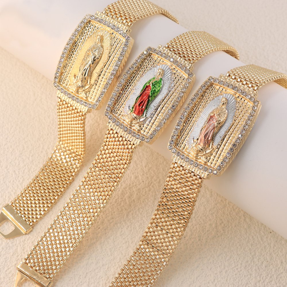 Trendy Luxury Women Men Belt Bracelet Gold Plated Virgin Mary Zirconia Diamond Mesh Buckle Belt Chain Bracelet Bangles
