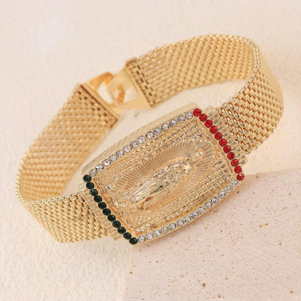 Trendy Luxury Women Men Belt Bracelet Gold Plated Virgin Mary Zirconia Diamond Mesh Buckle Belt Chain Bracelet Bangles