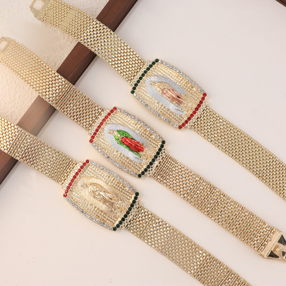 Trendy Luxury Women Men Belt Bracelet Gold Plated Virgin Mary Zirconia Diamond Mesh Buckle Belt Chain Bracelet Bangles