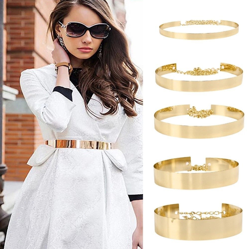 Blingbling Women 2CM 3.5CM Gold Silver Full Metallic Mirror Plate Metal Chain Belt for Dress