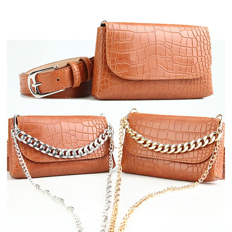 RW Luxury Detachable Small Fanny Pack Crossbody Chest Bag Crocodile Skin PU Leather Women Waist Chain Belt