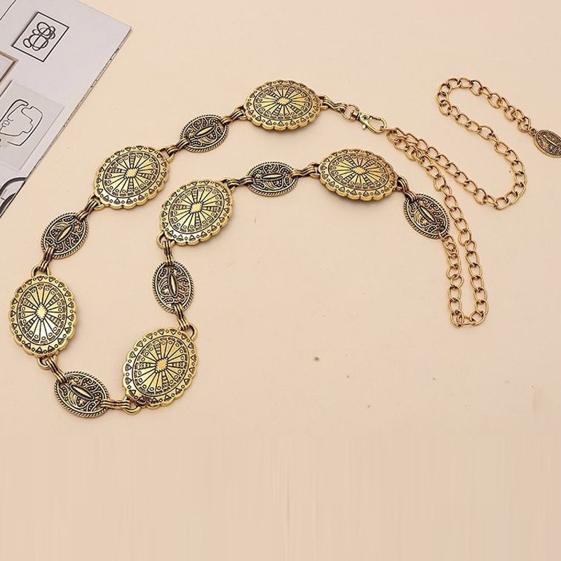 New Metal Waist Chain Bohemian Ethnic Style Chain Belt Metal Link Western Cowgirl Turquoise Chain Belt for Dress Shirts