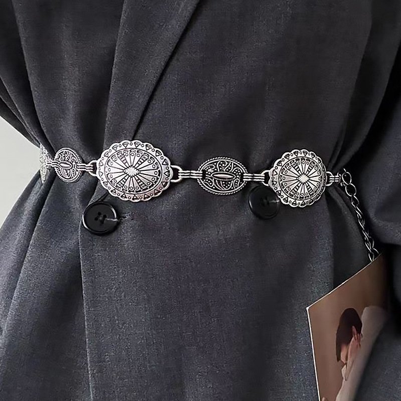 New Metal Waist Chain Bohemian Ethnic Style Chain Belt Metal Link Western Cowgirl Turquoise Chain Belt for Dress Shirts