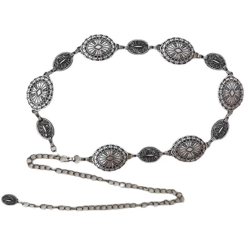 New Metal Waist Chain Bohemian Ethnic Style Chain Belt Metal Link Western Cowgirl Turquoise Chain Belt for Dress Shirts