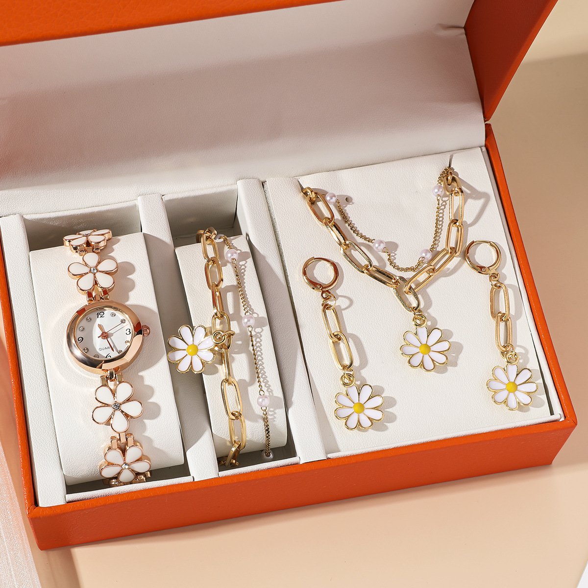 5 Gift Fashion Wholesale Manufacturers Direct Everything Little Daisy Ladies Flower Bottoming Oil Chain Quartz Watch Set