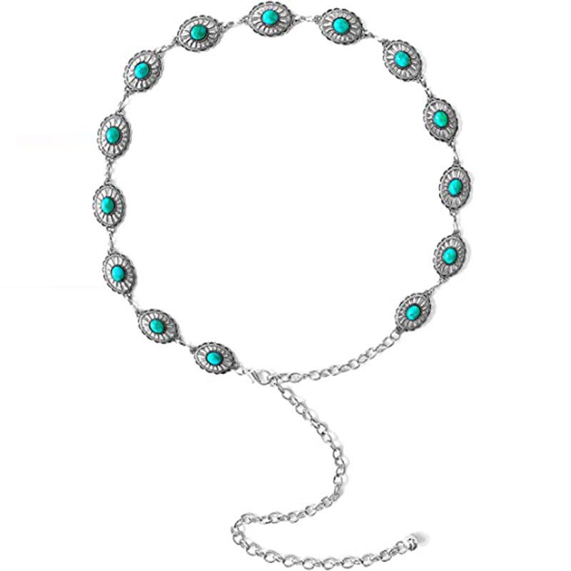 Custom Womens Metal Chain Dress Belt Hollow Out Daisy Sweater Turquoise Belt Decorated Skinny Waist Belt