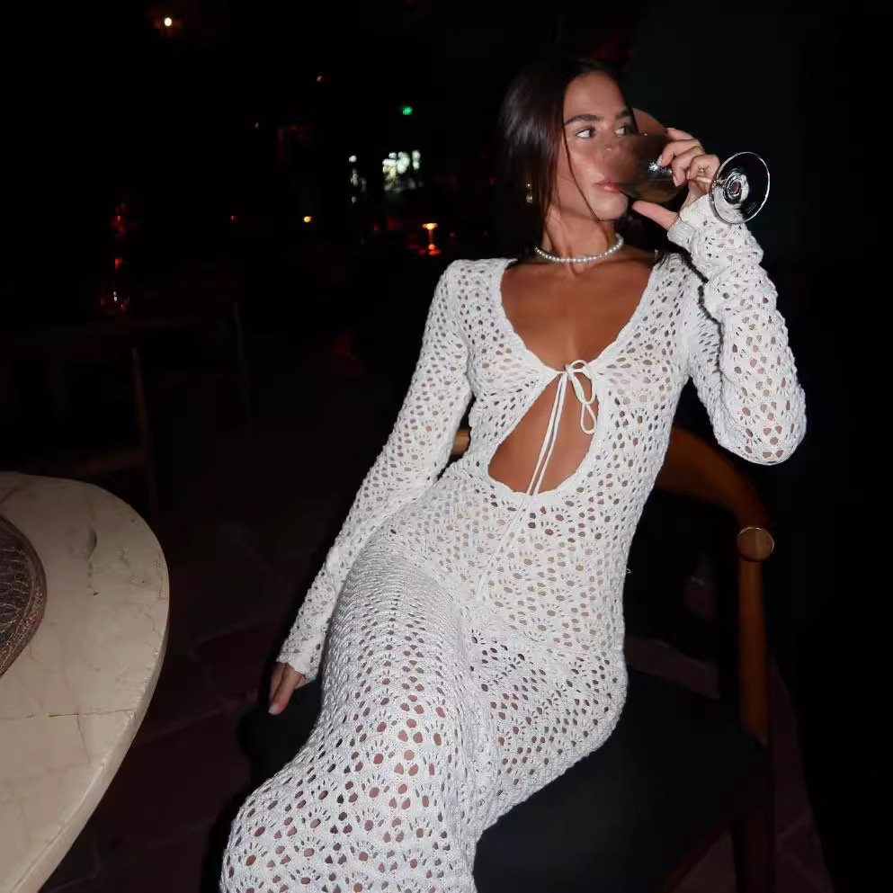 STOCK Ties Front Cut Out Long Sleeve Maxi Dress Knit Women Summer Dress Party Clothing Crochet Cover Ups Outfits