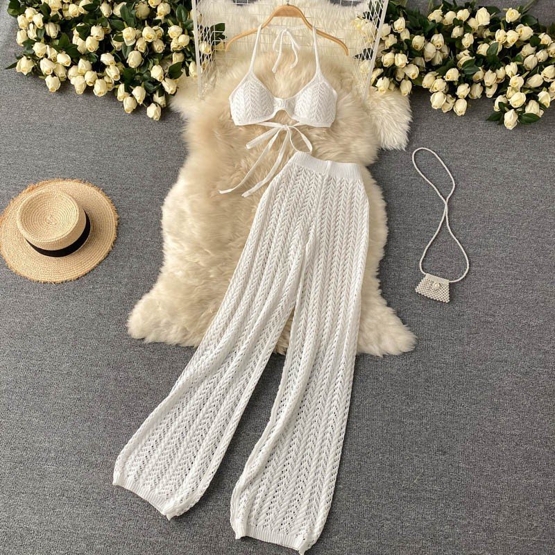 STOCK 3Colors Knit Bikini Top Elasic Waist Crochet Long Pant Women Two Pieces Set Beachwear