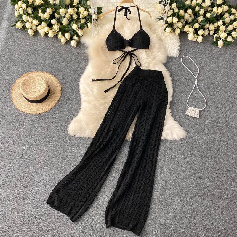 STOCK 3Colors Knit Bikini Top Elasic Waist Crochet Long Pant Women Two Pieces Set Beachwear