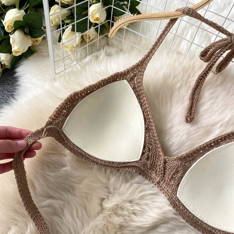 STOCK 3Colors Knit Bikini Top Elasic Waist Crochet Long Pant Women Two Pieces Set Beachwear
