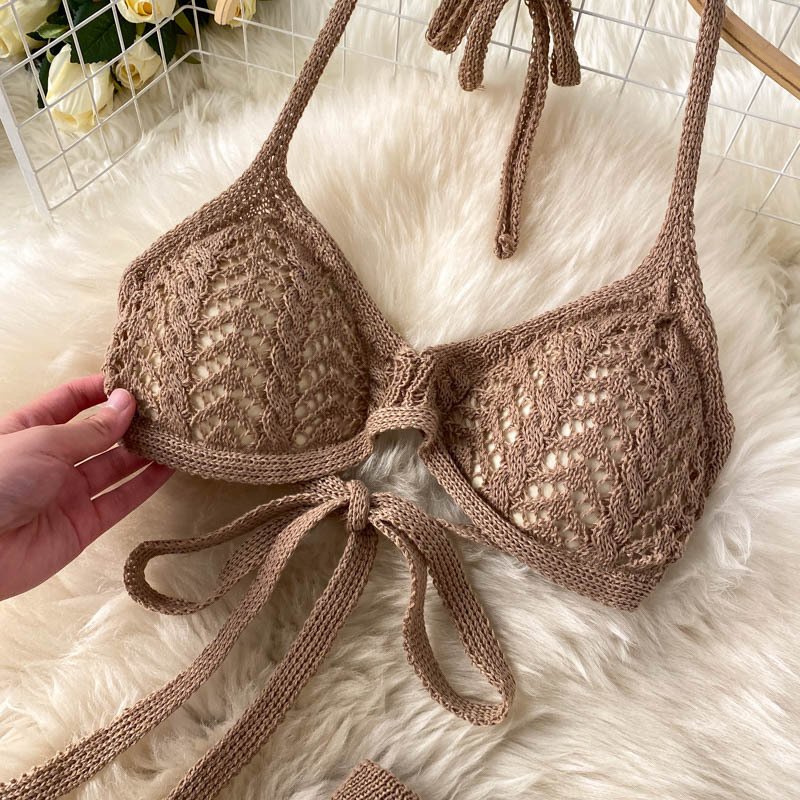 STOCK 3Colors Knit Bikini Top Elasic Waist Crochet Long Pant Women Two Pieces Set Beachwear