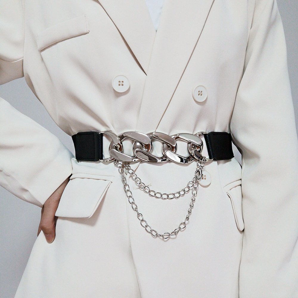 Europe And The United States Fashion Elastic Belt Female Belt Metal Chain Decoration Dress Multi-ring Buckle Ladies Belt Elastic