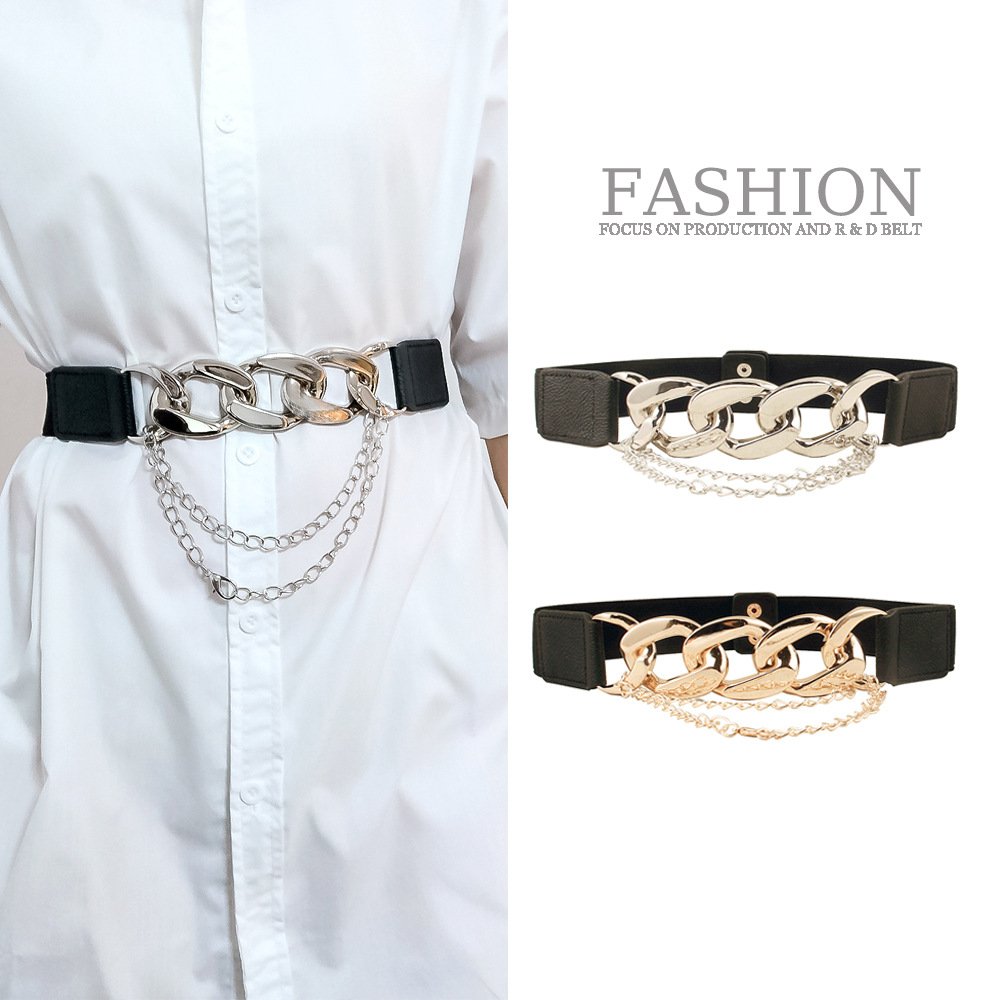 Europe And The United States Fashion Elastic Belt Female Belt Metal Chain Decoration Dress Multi-ring Buckle Ladies Belt Elastic