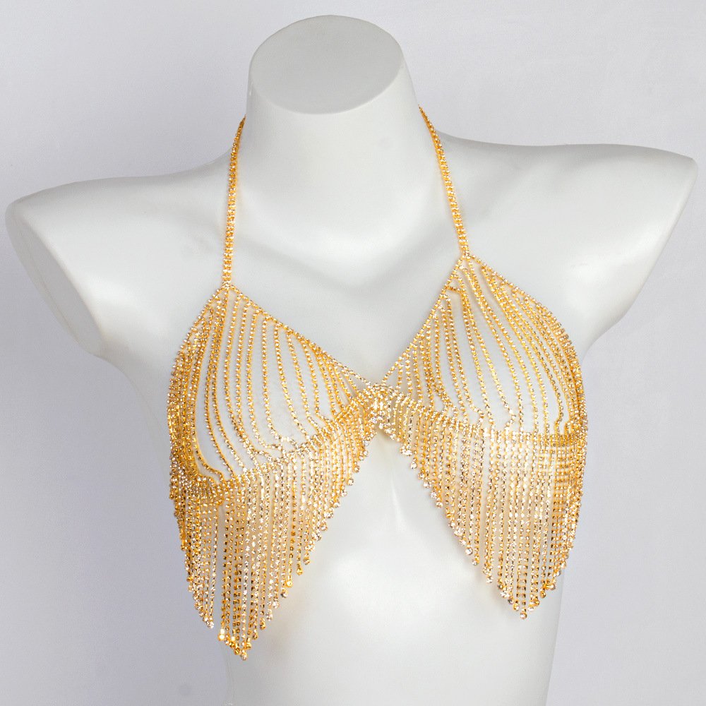 Sexy full rhinestone bikini bra nightclub beach glitter tassel body chain accessories rhinestone waist chain