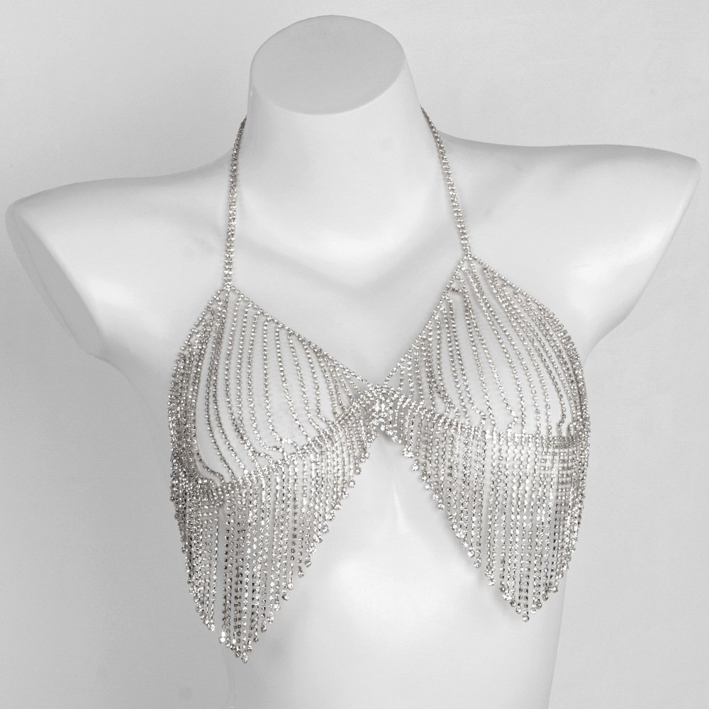 Sexy full rhinestone bikini bra nightclub beach glitter tassel body chain accessories rhinestone waist chain