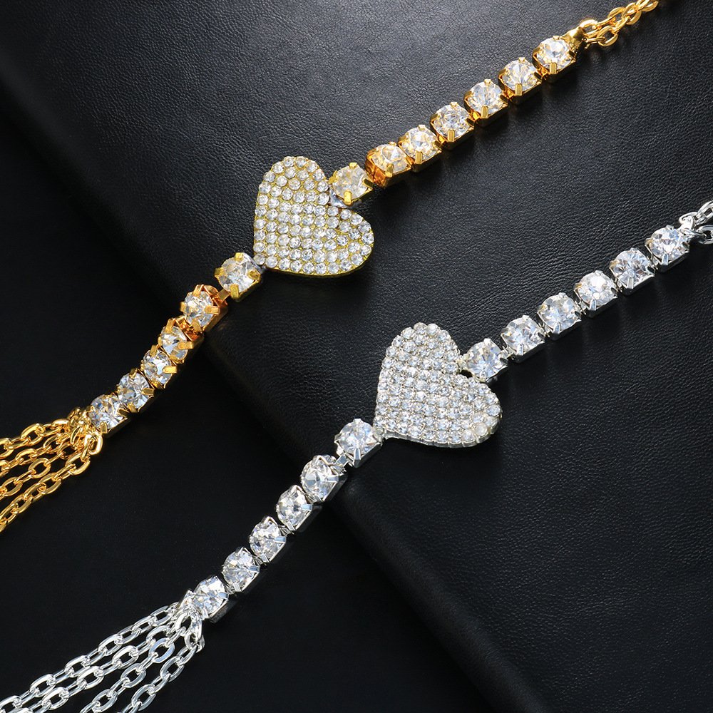 Wholesale Waist Chain Belt Heart Diamond Chest Body Jewelry Luxury Tassel Flashing Rhinestone Heart Body Chain For Women