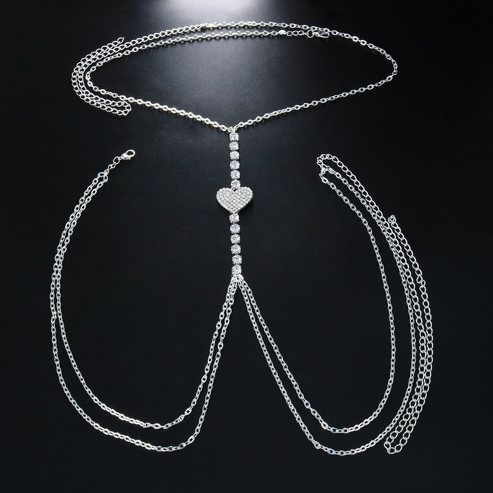 Wholesale Waist Chain Belt Heart Diamond Chest Body Jewelry Luxury Tassel Flashing Rhinestone Heart Body Chain For Women
