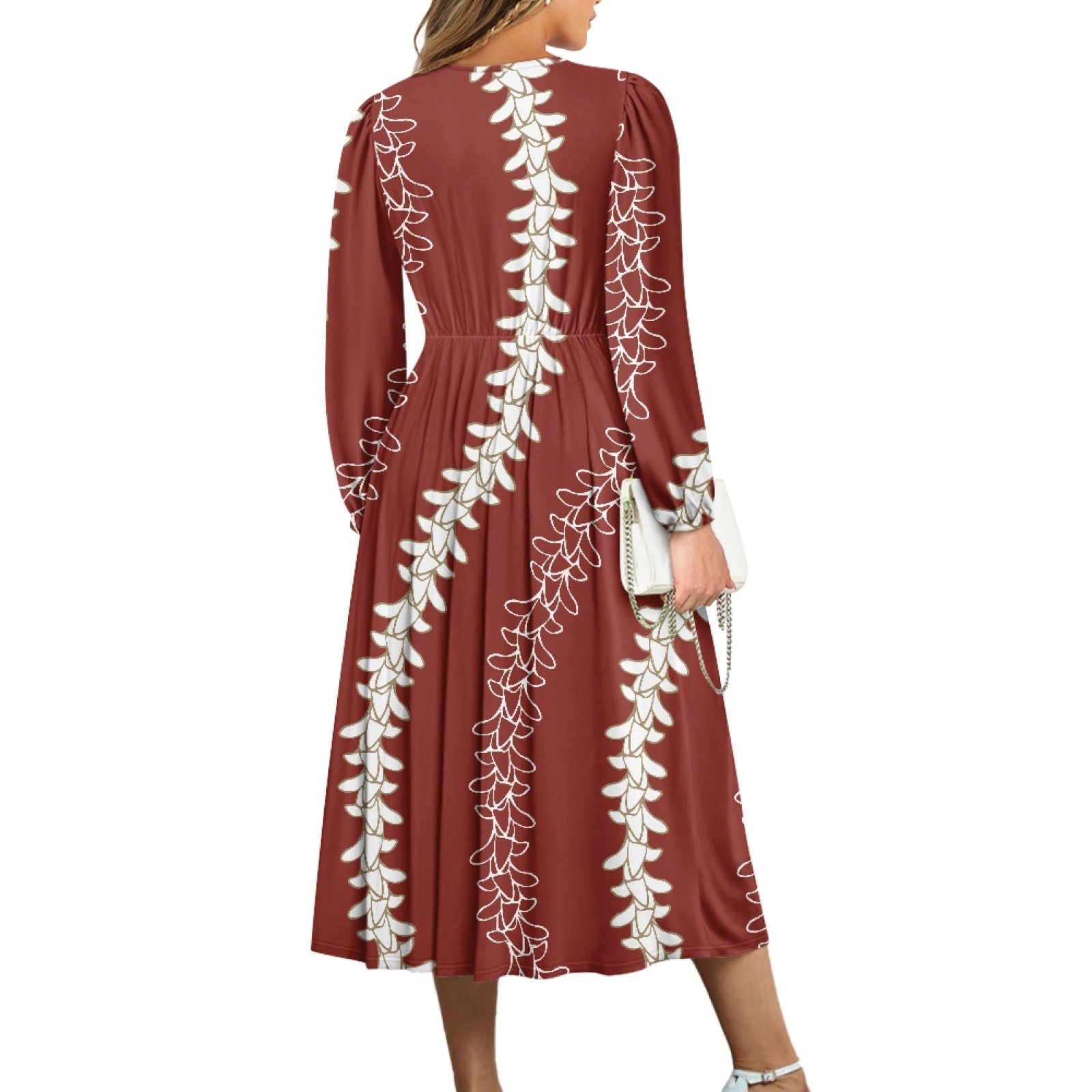 Hawaii Fashion Dress Puakenikeni New Design Long Sleeve Women Dresses Elegant V Neck With Waist Belt Design