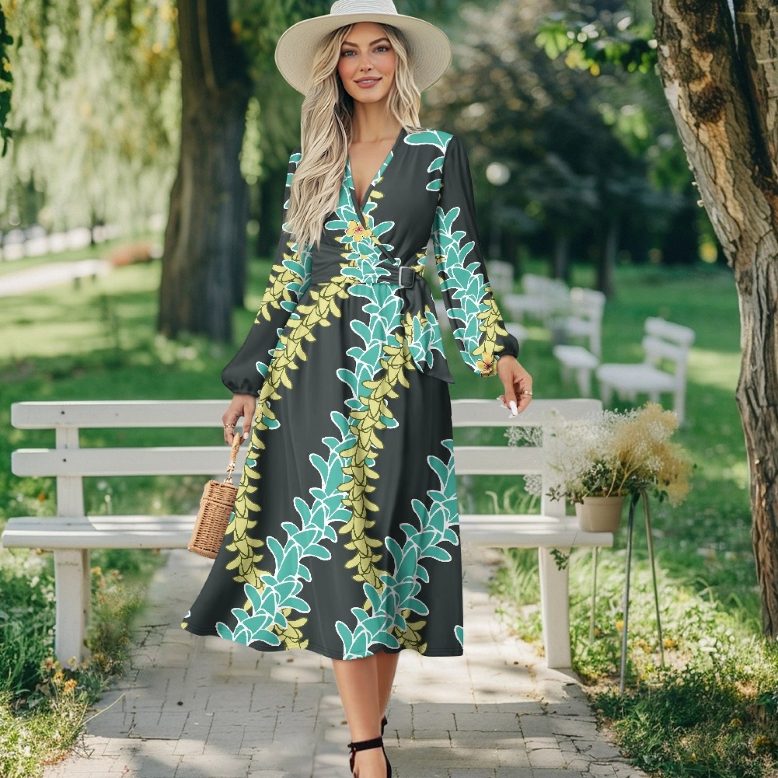 Hawaii Fashion Dress Puakenikeni New Design Long Sleeve Women Dresses Elegant V Neck With Waist Belt Design
