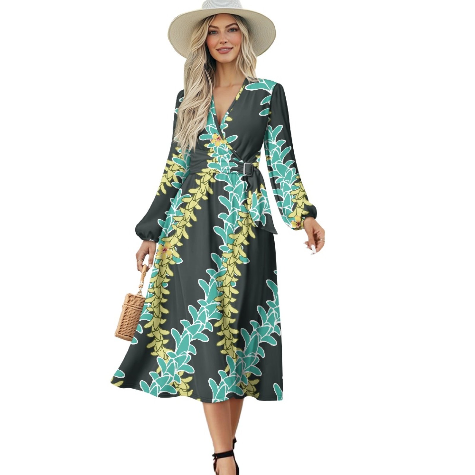 Hawaii Fashion Dress Puakenikeni New Design Long Sleeve Women Dresses Elegant V Neck With Waist Belt Design