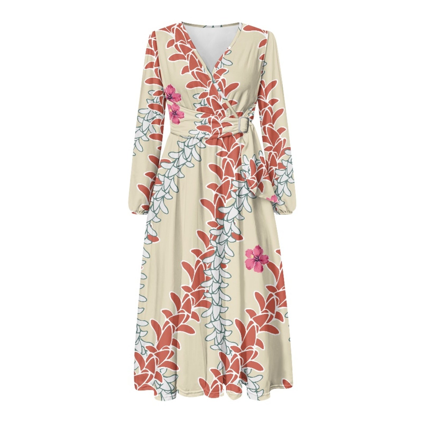 Hawaii Fashion Dress Puakenikeni New Design Long Sleeve Women Dresses Elegant V Neck With Waist Belt Design
