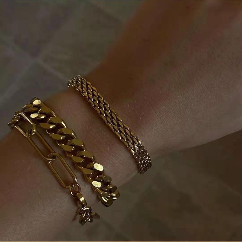 Retro mesh belt titanium gold plated wide bracelet 18K Gold Plated Stainless Steel link Chain bracelet Cuban chain bracelets