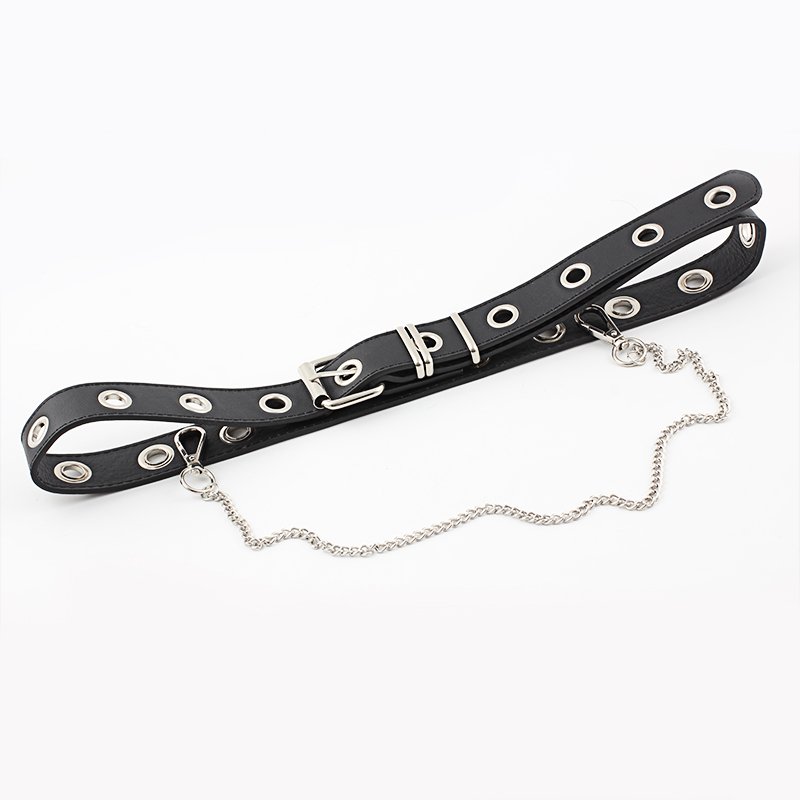 2021 Women Luxury Leather Punk Rock Leather Belt with Metal Chain PU Belt Waist Belt