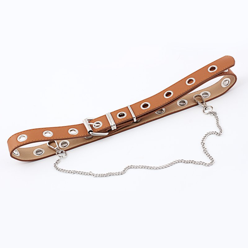 2021 Women Luxury Leather Punk Rock Leather Belt with Metal Chain PU Belt Waist Belt