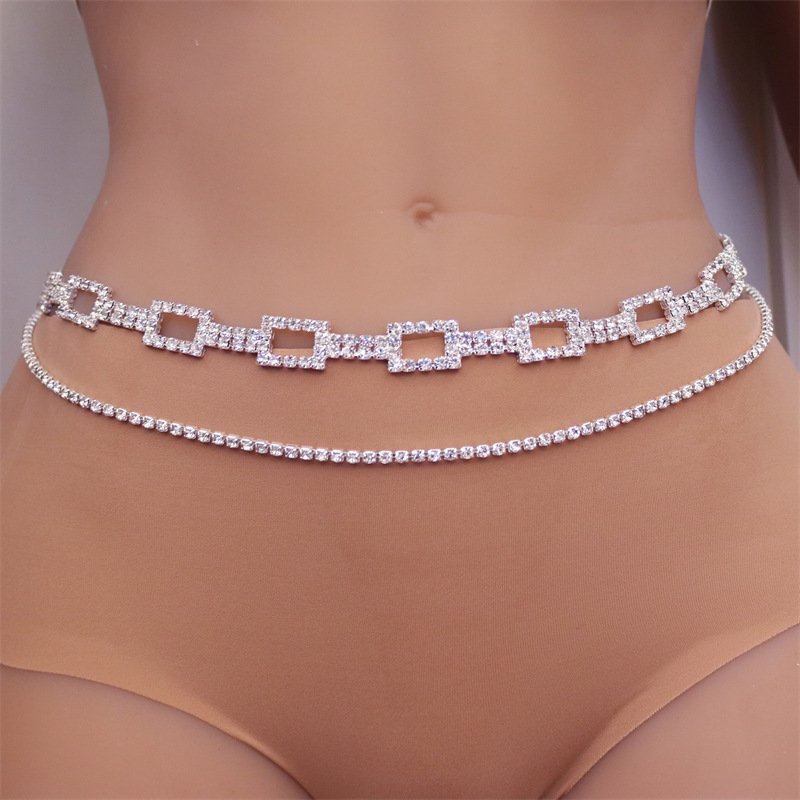 2024 Fine Shiny Rectangle Geometric Waist Chain For Women Rhinestone Tennis Waist Belt Belly Bikini Jewelry Beach Body Custom
