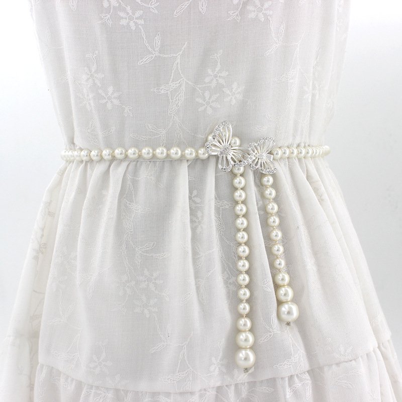 White Butterfly Pearl Waist Chain Belt For Women In Summer Elastic Skirt Decoration Thin Belt Accessories For Women