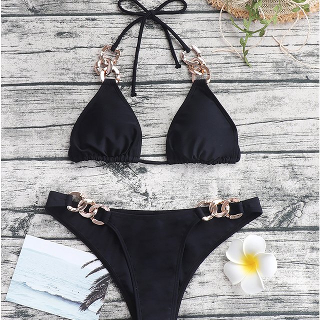 2023 new swimsuit with breast pad women's two-piece swimsuit chain high-waisted sexy bikini