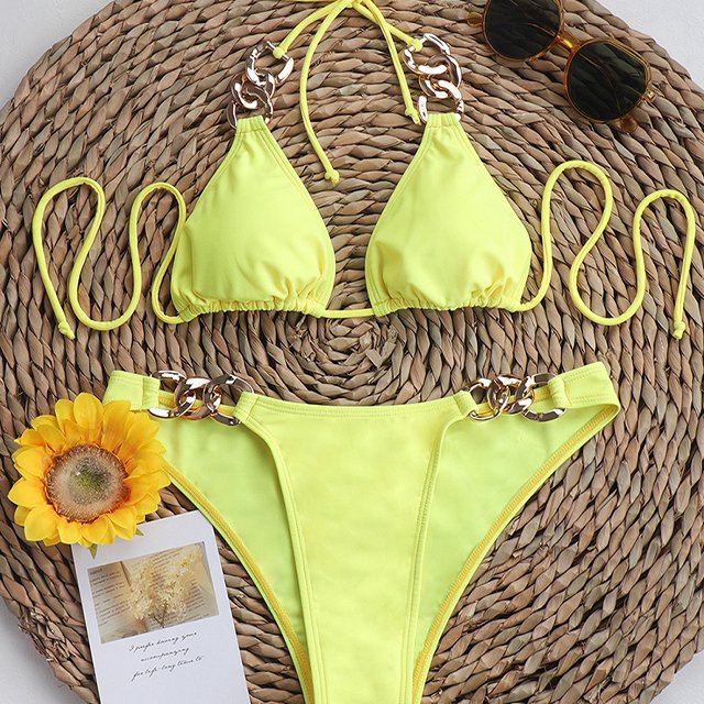 2023 new swimsuit with breast pad women's two-piece swimsuit chain high-waisted sexy bikini
