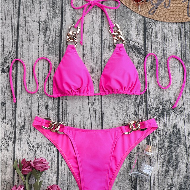 2023 new swimsuit with breast pad women's two-piece swimsuit chain high-waisted sexy bikini