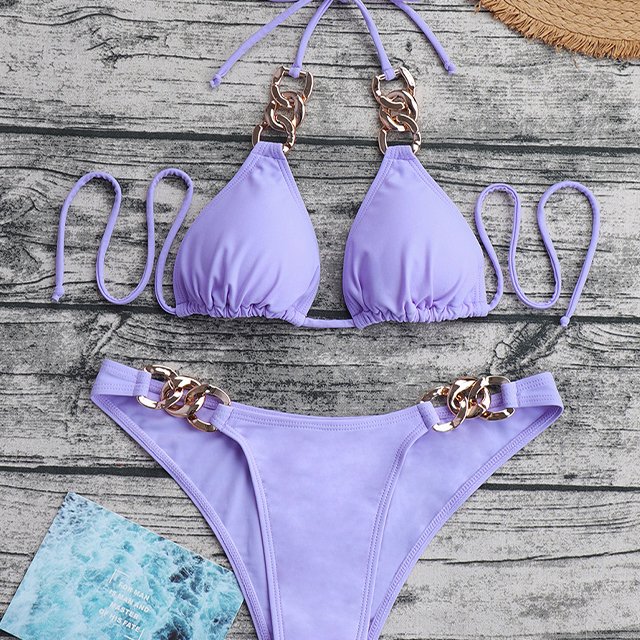 2023 new swimsuit with breast pad women's two-piece swimsuit chain high-waisted sexy bikini